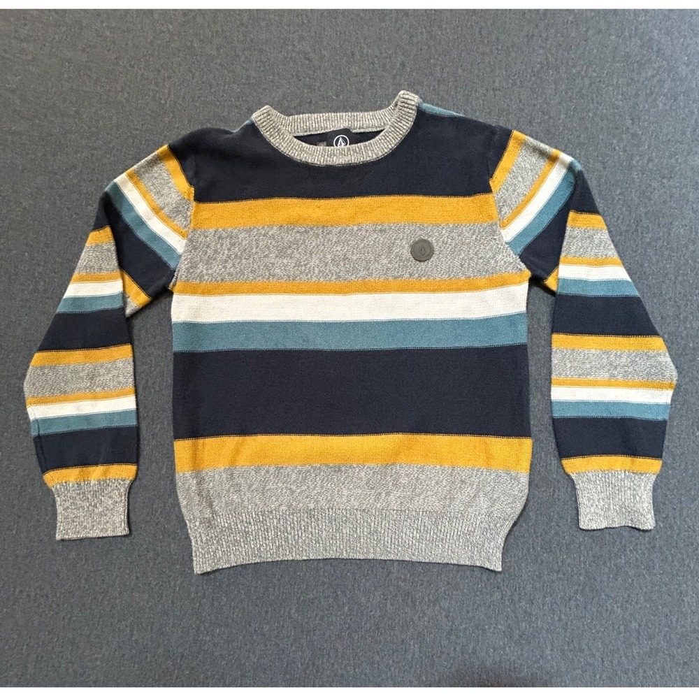 Volcom Boys S Duderstated Sweater Striped Crewneck Skate Surf Cotton Blue Gold